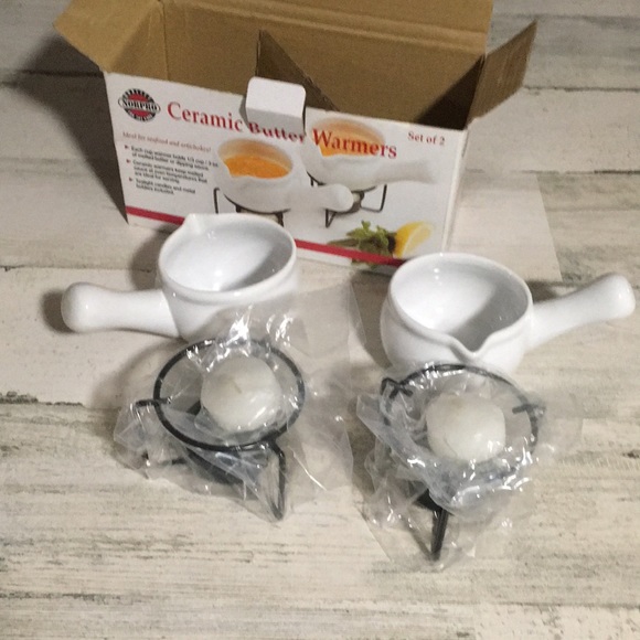 Ceramic butter warmers set of two including tea light candles and metal holders - Picture 3 of 3
